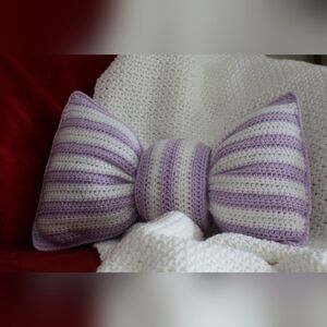 Handmade Bow Pillow - Purple & White